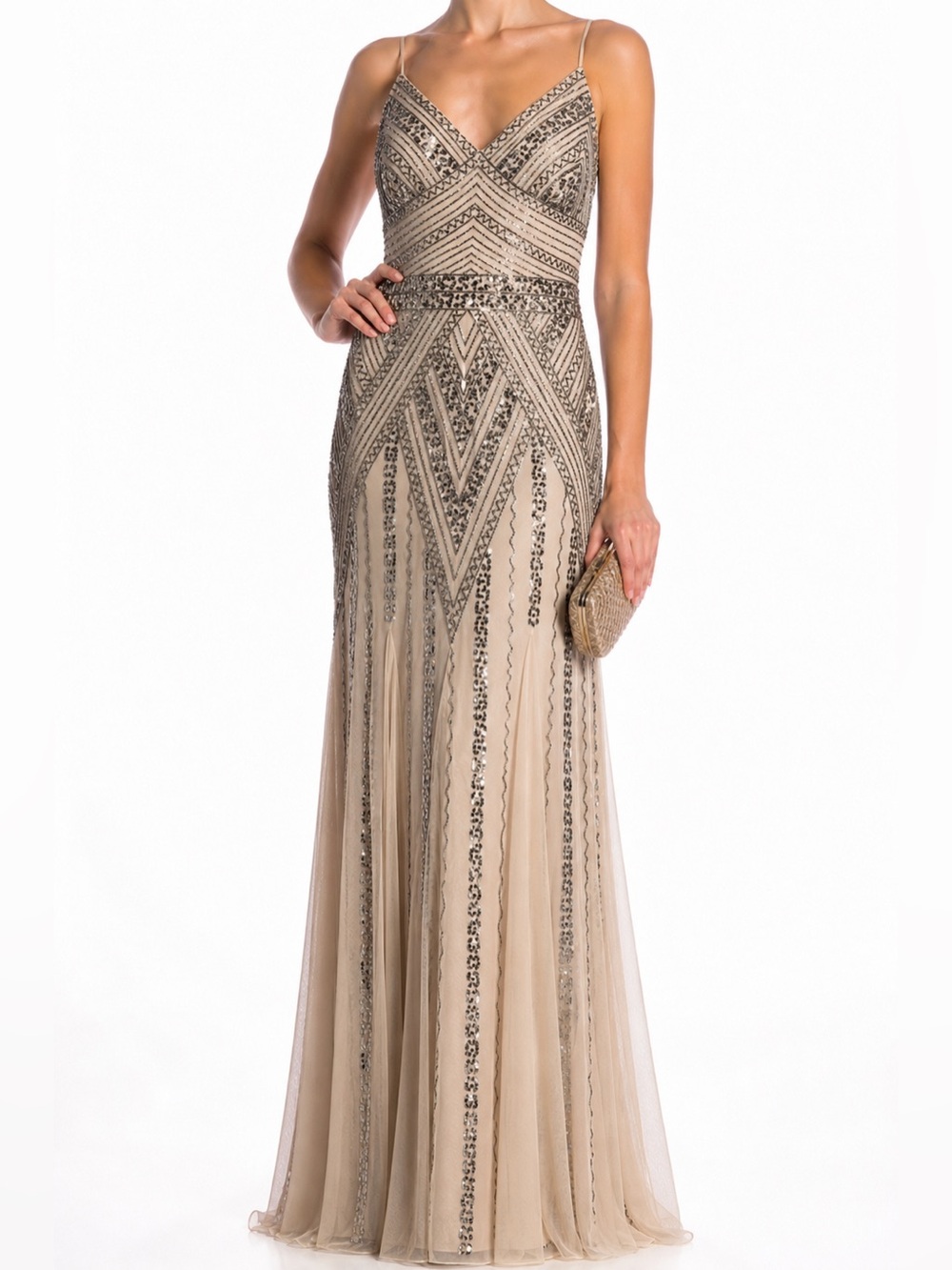 Marina NWT Champagne Beaded Art Deco Gown Size 4 Sequin Formal Gala Dress